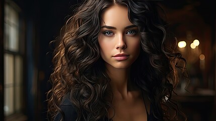 Beauty brunette girl with long and shiny wavy black hair. Beautiful woman model with curly hairstyle. Model illustration. Generative AI