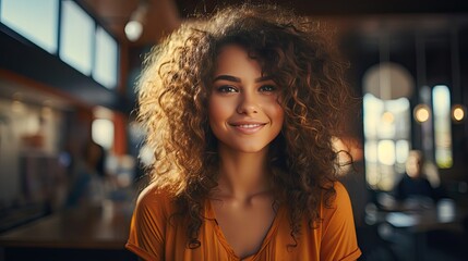 Portrait of beautiful young woman laughing at creative office. Happy businesswoman with curly hair excited with toothy smile. Enthusiastic cheerful girl looking at camera. Generative AI art