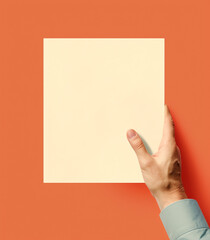 Man's hand holding blank sheet of paper on orange background, top view