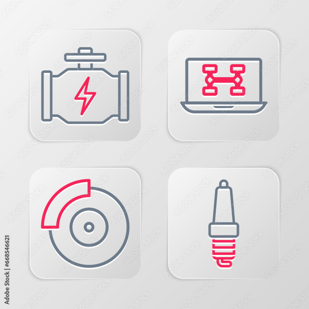 Poster set line car spark plug, brake disk with caliper, diagnostics condition of car and check engine icon