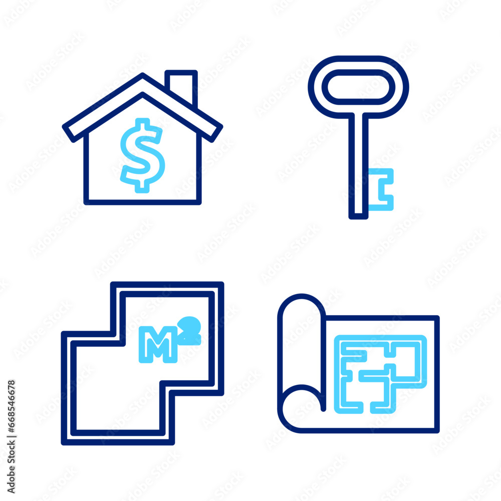 Wall mural Set line House plan, key and with dollar symbol icon. Vector