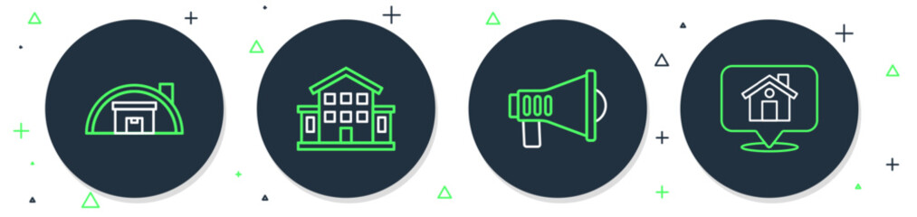 Set line House, Megaphone, Warehouse and Location with icon. Vector