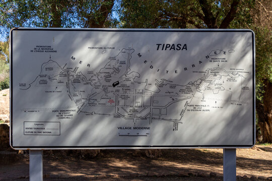 Tipasa, Tipaza, Algeria, 10 14 2023 : map of the Roman Archeological Park.