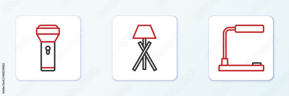 Poster set line table lamp, flashlight and floor icon. vector