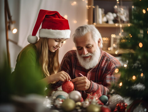 Grandfather and niece decorated Christmas tree together for New year celebration