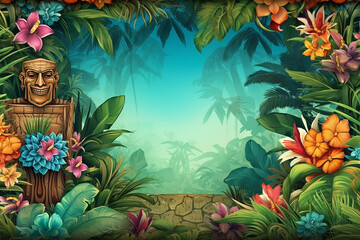 Decorative background of luau hawaii theme full of wild exotic flowers  - obrazy, fototapety, plakaty