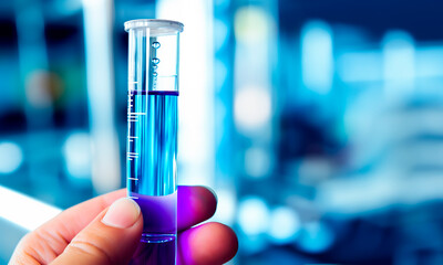 Test tube with blue sample chemicals or liquid in laboratory. Glassware in medical research. Scientific lab for Biotechnology. Shallow field of view with copy space.