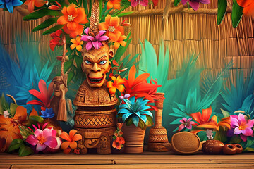 Decorative background of luau hawaii theme full of wild exotic flowers  - obrazy, fototapety, plakaty