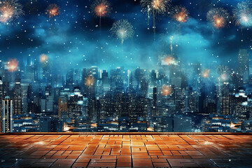 Artistic new year image with fireworks in a city line night sky