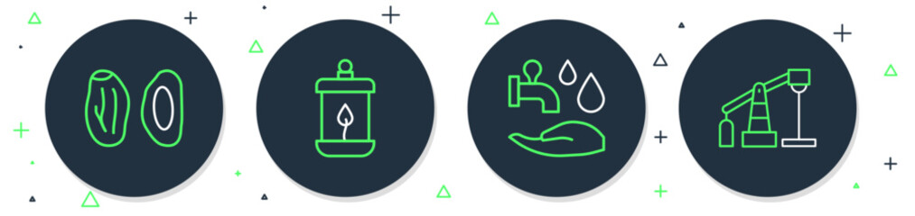 Set line Ramadan Kareem lantern, Wudhu, Date fruit and Oil pump or pump jack icon. Vector