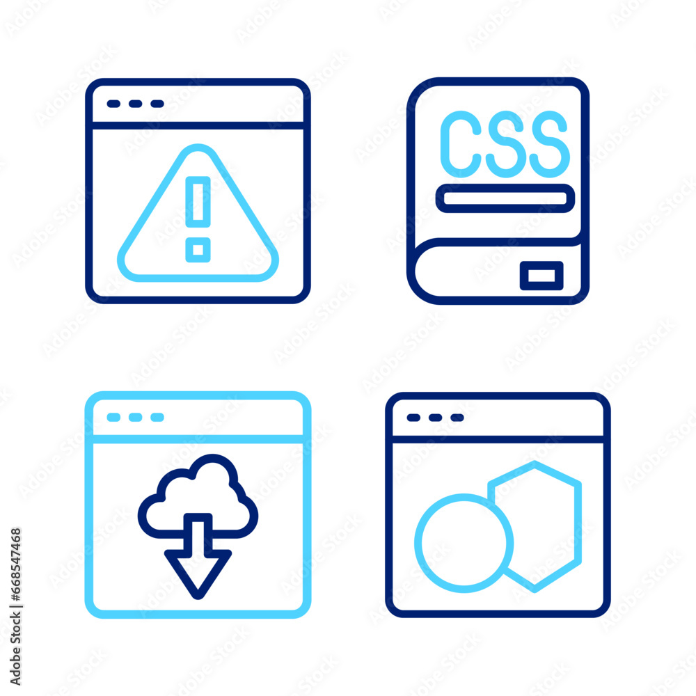 Poster set line software, cloud technology data transfer, books about programming and browser with exclamat