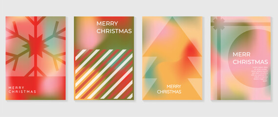 Merry christmas concept posters set. Cute gradient holographic background vector with pastel color, snowflakes, pine, gift. Art trendy wallpaper design for social media, card, banner, flyer.