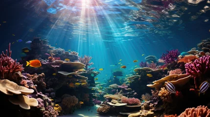 Keuken spatwand met foto underwater coral reef landscape background in the deep blue ocean with colorful fish and marine life. © Ruslan Gilmanshin
