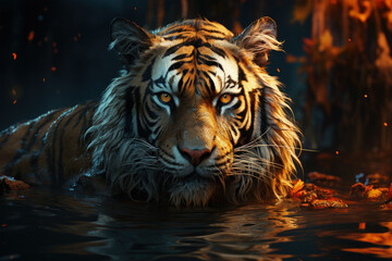 A powerful Siberian Tiger standing near a rushing river, the golden sunset casting warm hues over the landscape, Generative Ai - obrazy, fototapety, plakaty