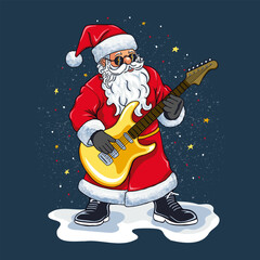 Cheerful Santa Claus is playing the guitar. Santa Claus is a rock star. Vector illustration.