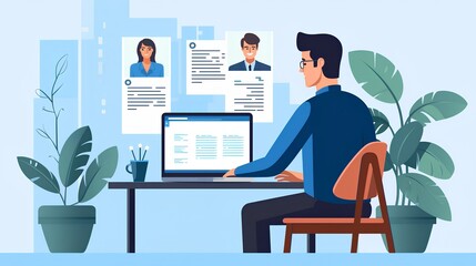 Remote hiring and online job interview concept. HR work with CV and application letter review to find best candidate for job position. Modern, digital approach to recruitment and selection process.