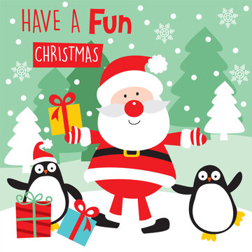 Santa Claus with Penguin and Christmas Gifts