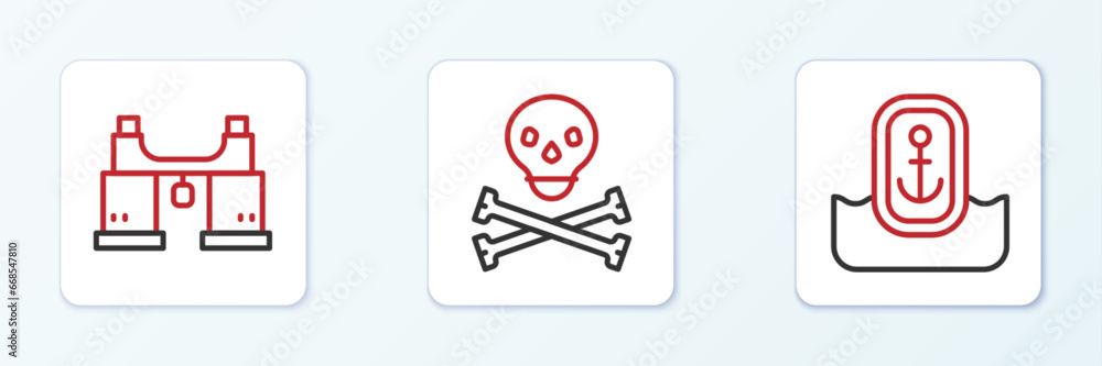 Poster set line location with anchor, binoculars and skull crossbones icon. vector