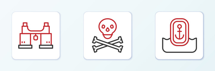 Set line Location with anchor, Binoculars and Skull crossbones icon. Vector