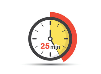 25 minutes on stopwatch icon in flat style. Clock face timer vector illustration on isolated background. Countdown sign business concept.