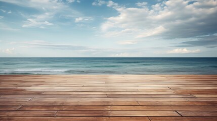 Fototapeta premium Wooden platform with the sea in the background - generative ai