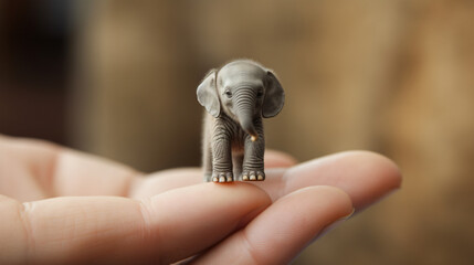 Tiny small elephant sitting on a finger tip