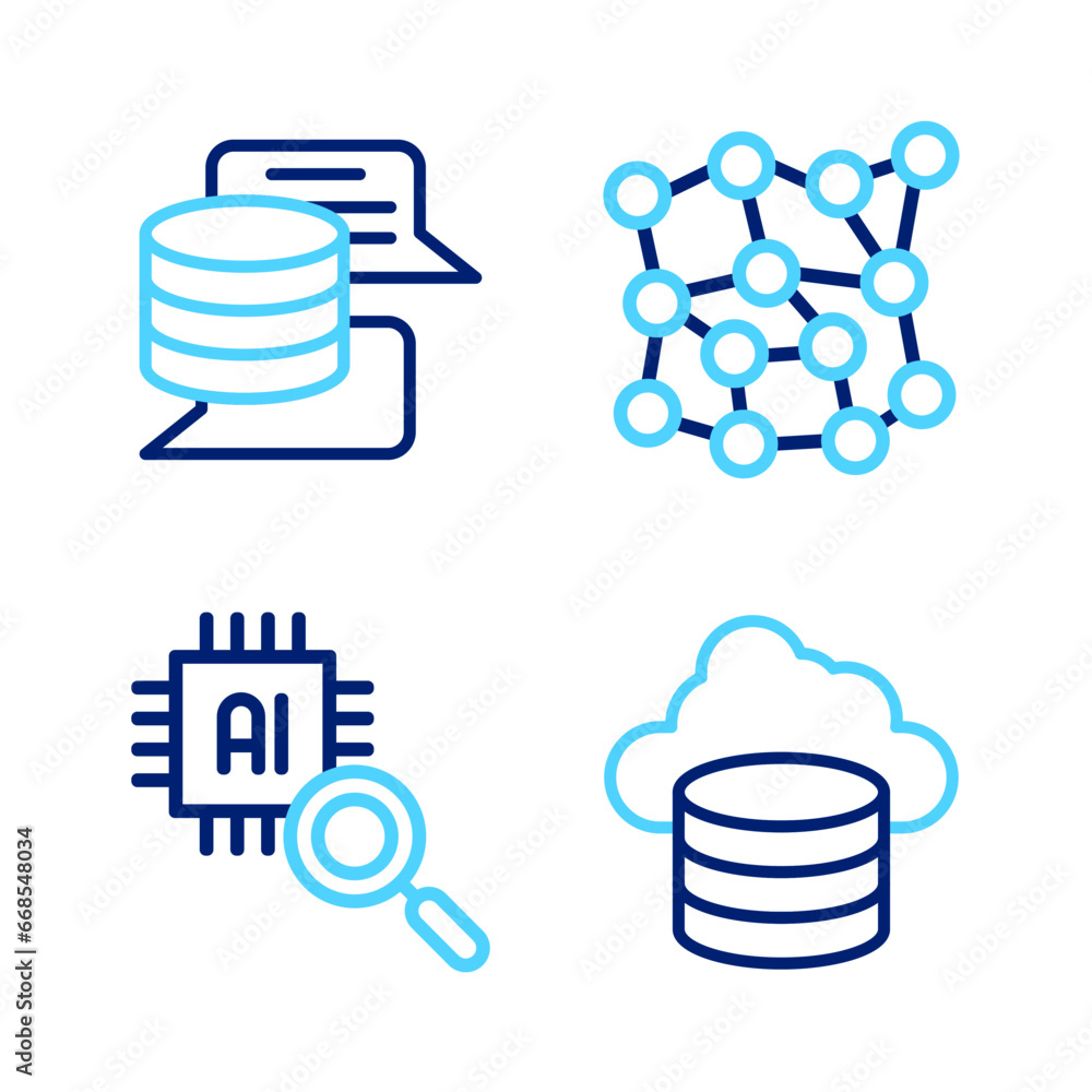 Sticker set line cloud database, processor cpu, neural network and server, data icon. vector