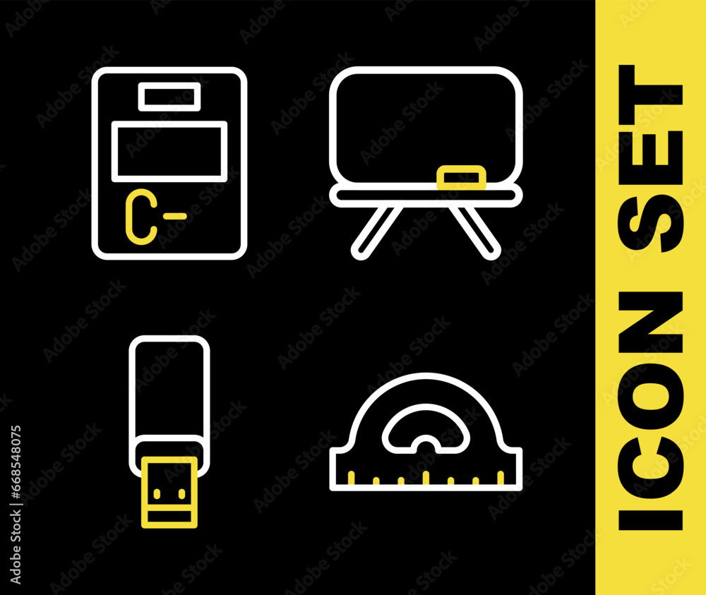 Poster set line chalkboard, protractor grid, usb flash drive and exam paper with incorrect answers icon. ve