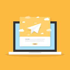 Banner of email marketing with laptop computer icon in flat style. Subscription to newsletter vector illustration on isolated background. Subscribe, submit sign business concept.