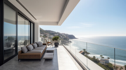 Obraz na płótnie Canvas interior of modern house, terrace overlooking the sea. interior of modern house, terrace overlooking the sea.