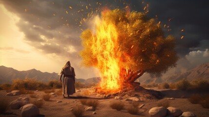 Moses standing in front of a burning tree in the desert