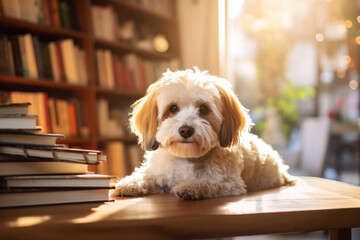 Young white dog sitting in book cafe in sunny day. Pets animals friendly concept
