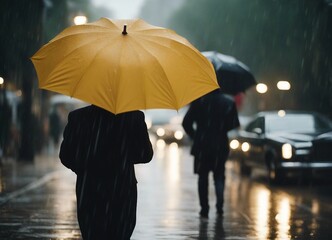 Men holding umbrellas walking in the rain.