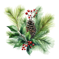 Embrace the festive spirit with traditional watercolor pine and berry clip art on white backdrop. Winter holiday celebration