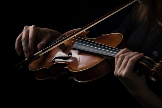 Violinist playing the violin on a black background, close-up