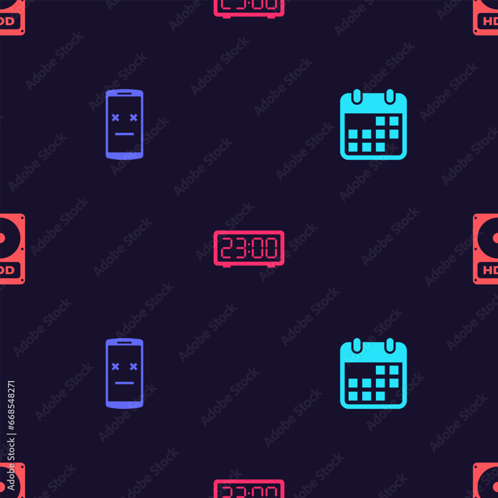 Poster set calendar, dead mobile, digital alarm clock and hard disk drive hdd on seamless pattern. vector