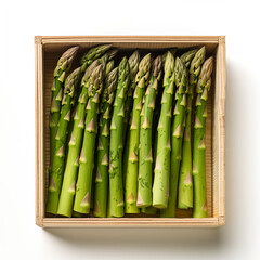 asparagus in the wood box on white background, close up collection of fresh ingredients healthy food, fruit, vegetables for healthy delicious food theme