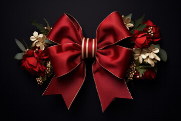 Red bow with golden flowers and roses and winter berries on dark backdrop. Christmas holiday concept