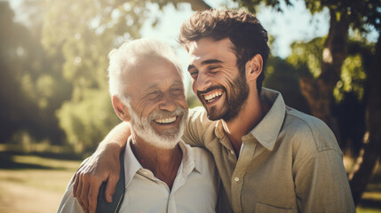 Happy smiling senior father with adult son hugging outdoors in nature. Family love and Father's Day concept. - obrazy, fototapety, plakaty
