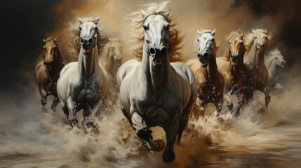 Horses herd run in desert sand storm against dramatic sky. - obrazy, fototapety, plakaty