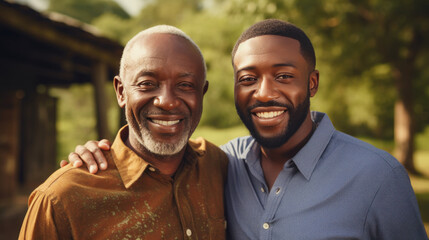 Happy smiling senior father with adult son hugging outdoors in nature. Family love and Father's Day concept.