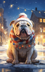 Cute winter card with bulldog and snowy scenery