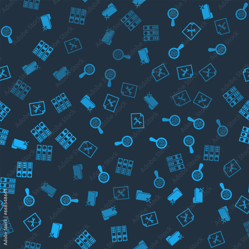 Poster set folder service, microorganisms under magnifier, file document and office folders on seamless pat