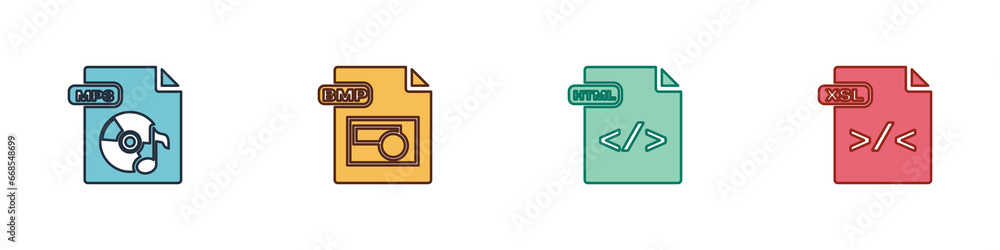 Poster set mp3 file document, bmp, html and xsl icon. vector