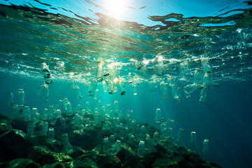 Fototapeta premium Plastic pollution in Ocean. Underwater with garbage - environmental problem