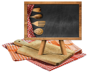 Old wood cutting board and empty blackboard with wooden kitchen utensils and copy space, on checkered tablecloths, red, orange and white. Isolated on white or transparent background, photography. Png.