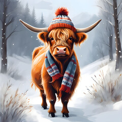 Cute Highland Cow Winter Illustration 