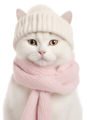 Portrait of a white cat wearing a pink scarf and a winter hat isolated on transparent background