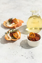 Bruschetta with sun-dried tomatoes, appetizer, Italian cuisine