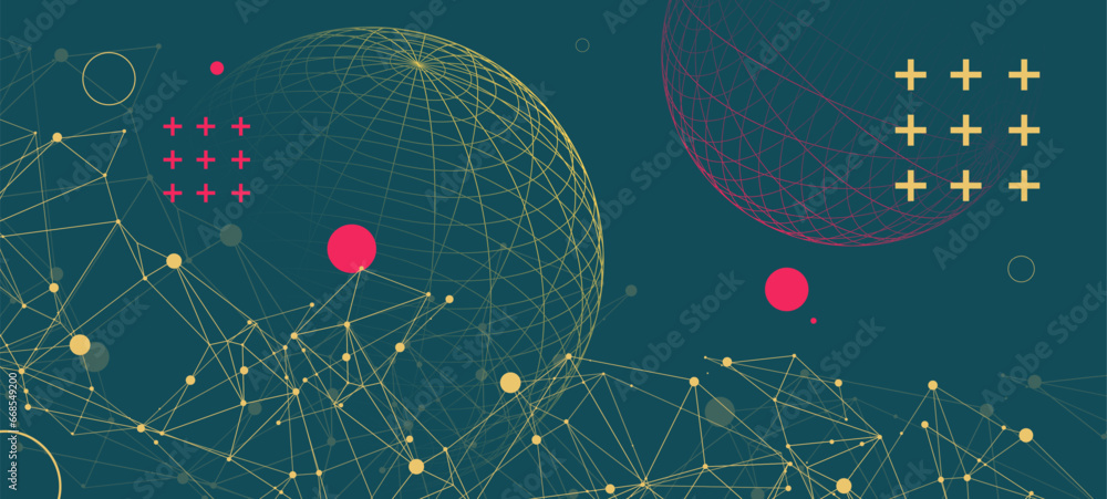 Wall mural abstract scientific background using wireframe sphere and plexus effect. vector illustration